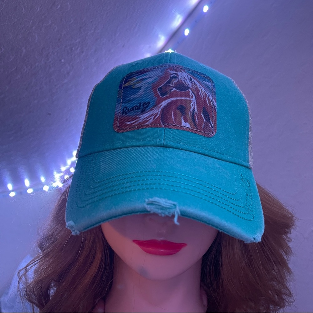 Rural Turquoise Distressed Cap w/ Horse Mural Western adjustable, mesh back